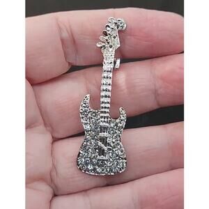 Electric Guitar Brooch Rhinestones on Silver Tone Metal Rock Band